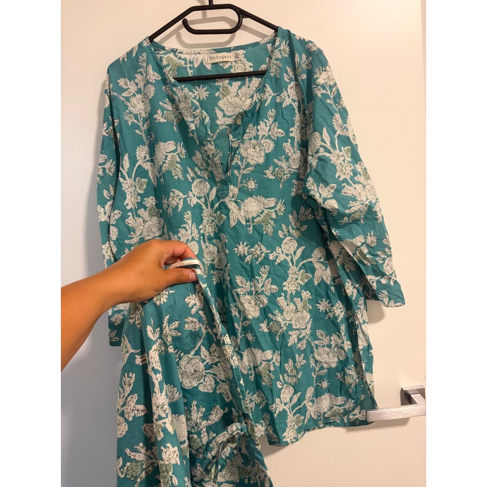 Mahogany Womens XL Pajama Set 100% Cotton Teal White Floral Tunic Pants PJ Set